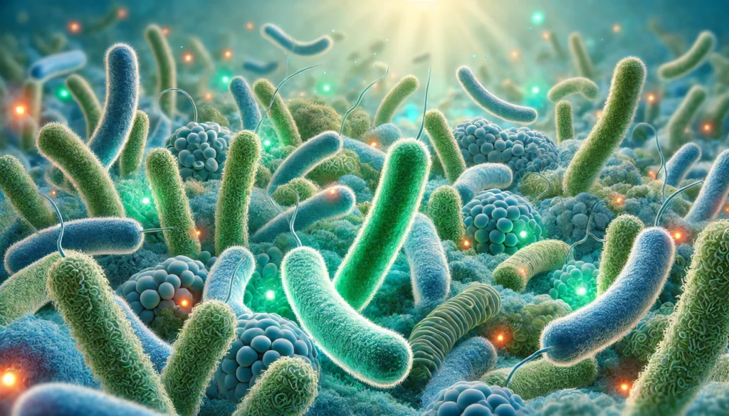 Microscopic view of beneficial gut bacteria in a thriving microbiome, featuring diverse bacterial strains glowing in blue and green hues, symbolizing gut health and balance.
