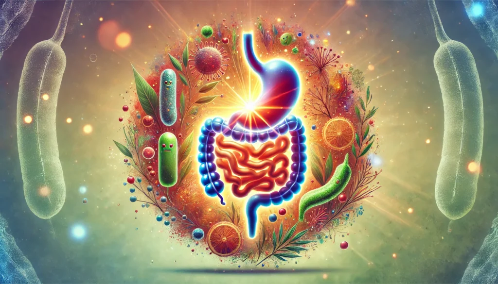 A vibrant artistic representation of gut health and microbiome balance, featuring a glowing digestive system surrounded by beneficial bacteria and herbal elements, symbolizing natural digestion support.
