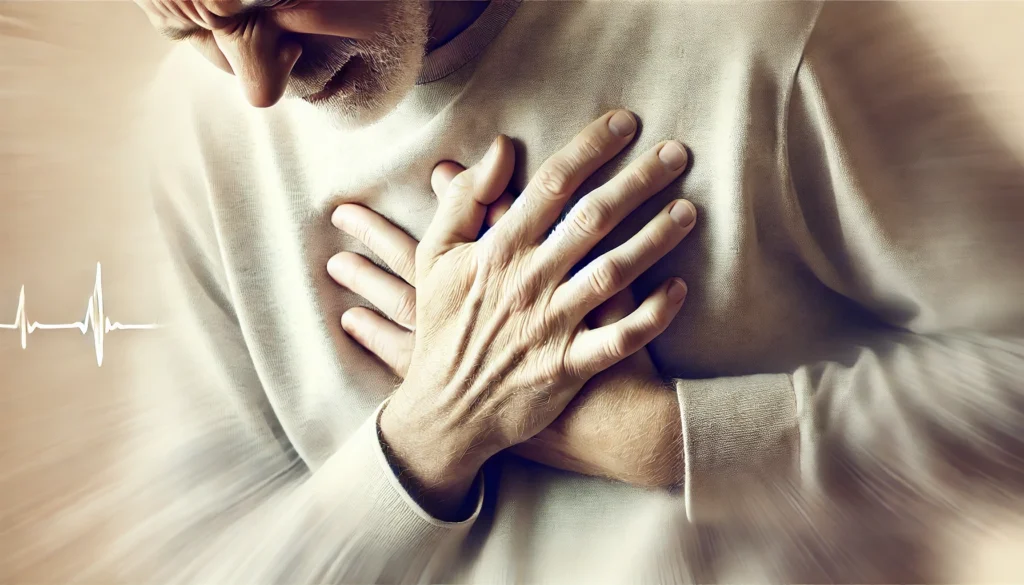 A person experiencing chest discomfort, pressing their hand against their chest with a pained expression. The blurred background highlights their discomfort and unease.