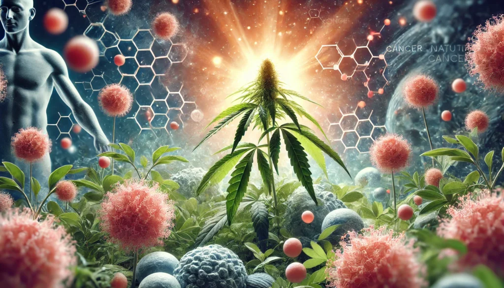 A conceptual visualization of breast cancer cells interacting with herbal compounds, illuminated with a soft healing glow and ashwagandha plants in the background.