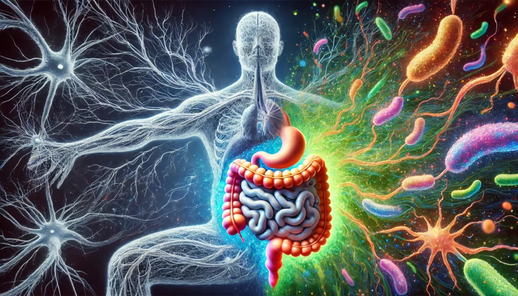 An abstract visualization of neurons intertwined with a colorful representation of gut microbiota, illustrating the connection between multiple sclerosis, brain function, and digestive health.