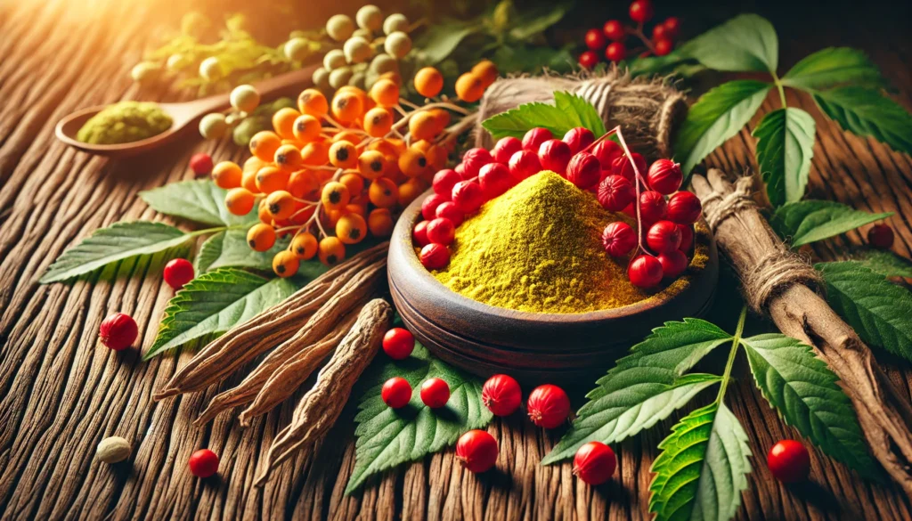 A vibrant composition of ashwagandha powder and fresh schisandra berries on a rustic wooden table, illuminated by warm lighting, evoking the essence of natural energy and wellness.