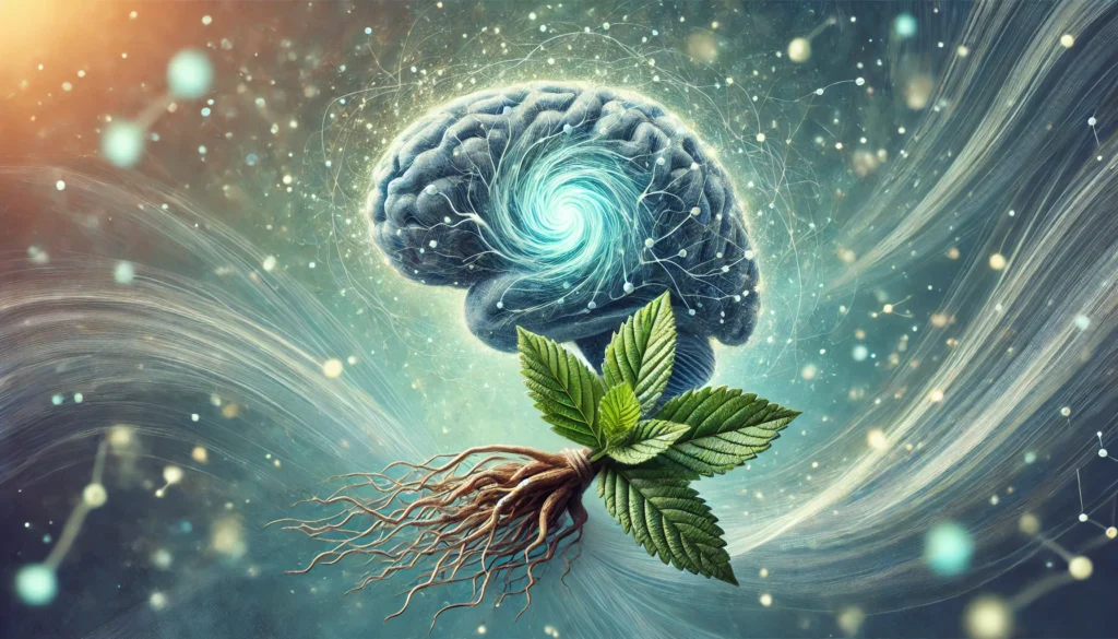 A conceptual fusion of ashwagandha roots blending into a neural network visualization, symbolizing the interaction between herbal supplements and serotonin regulation in brain health.

