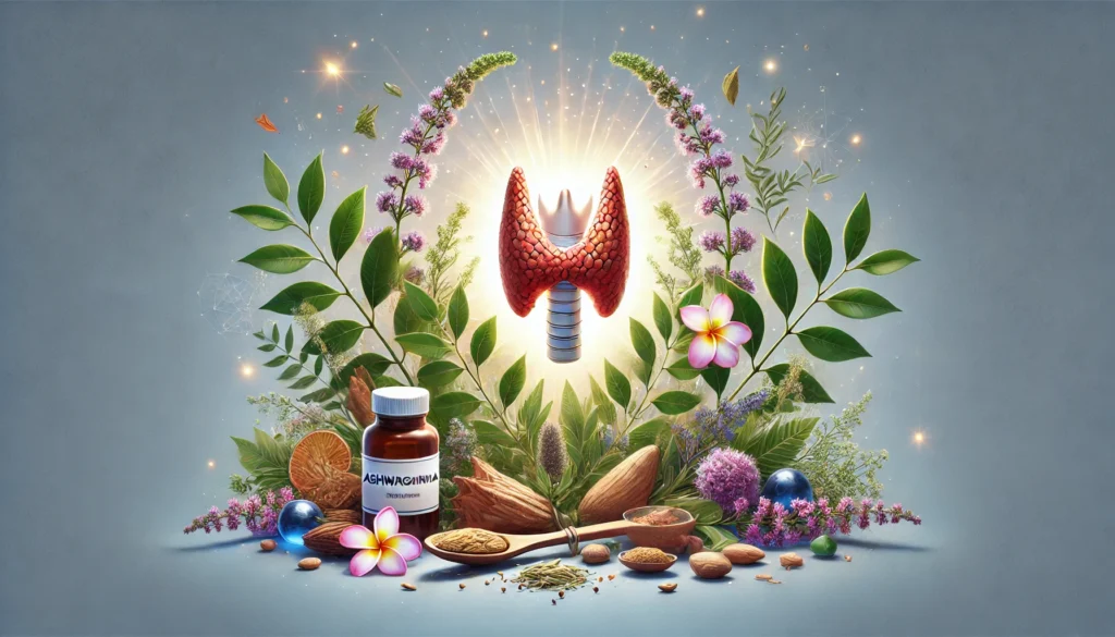 A conceptual digital artwork depicting the thyroid gland surrounded by natural healing elements, including ashwagandha plants, herbal extracts, and a soft glowing aura. The scene represents the balance between traditional herbal medicine and modern thyroid health management, with a calm and natural color palette.

