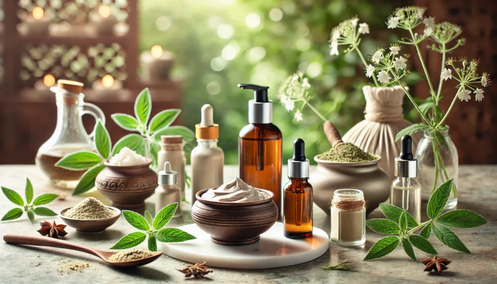 A spa-inspired setting with ashwagandha-infused skincare products, including facial oils and creams, placed on a marble surface with soft-focus greenery in the background.