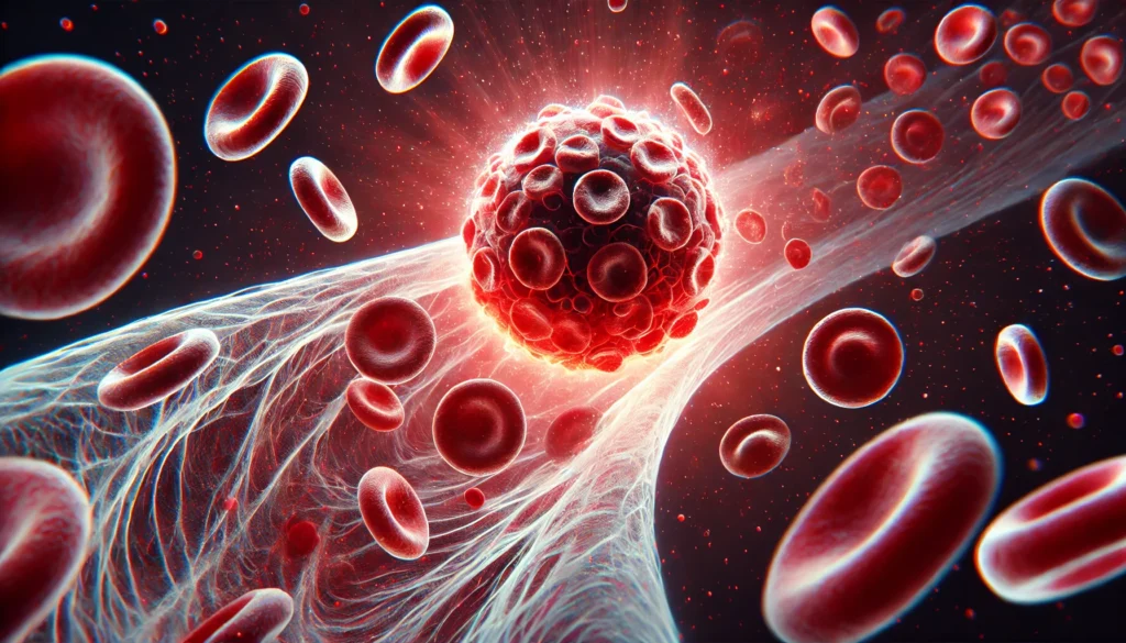 A high-detail visualization of red and white blood cells flowing through a vein, illustrating circulation, blood flow, and the dynamic movement within the bloodstream.