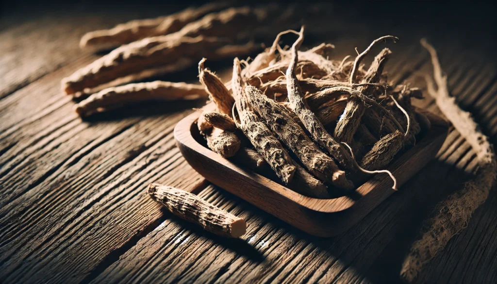 A close-up of Ashwagandha roots on a rustic wooden surface with subtle shadows, hinting at both the benefits and possible side effects of the herb.