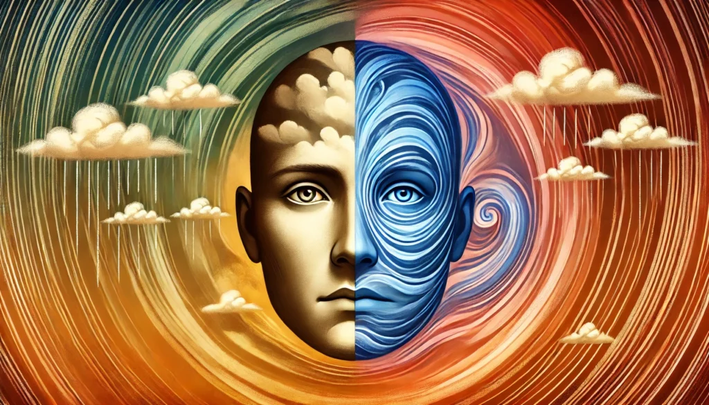 A conceptual depiction of emotional duality, showing a face split between calm and anxiety, with an abstract background of swirling warm and cool colors representing the effects of Ashwagandha on emotions.