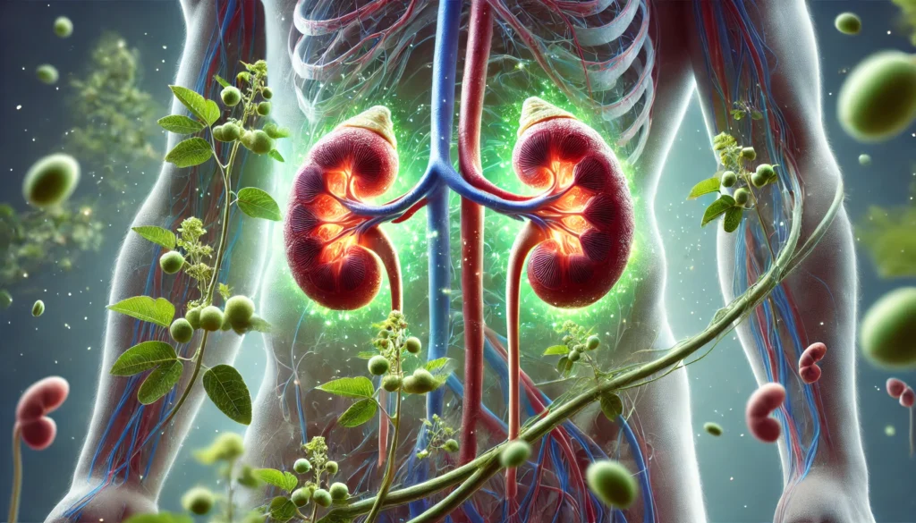 A conceptual digital artwork of ashwagandha plants intertwined with semi-transparent kidneys, illustrating the interaction between herbal medicine and renal function.