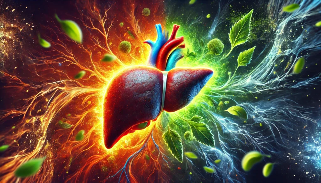 A conceptual comparison of a healthy liver and a damaged liver, with ashwagandha herbs in the center as a potential influence. The left side shows a vibrant liver with glowing energy, while the right side appears distressed with darkened areas, symbolizing the scientific debate over ashwagandha’s effects.

