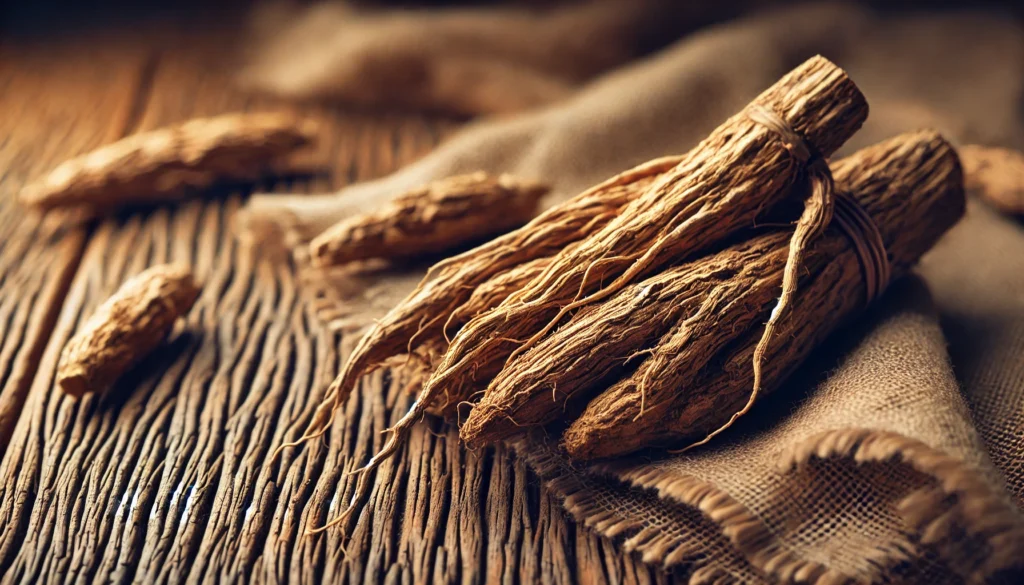 A close-up view of freshly harvested Ashwagandha roots, showcasing their thick, twisted form on a rustic wooden surface.
