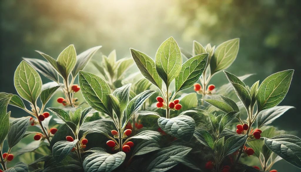 A close-up of healthy ashwagandha plants with distinct green leaves and small red berries, illuminated by soft natural light, with a slightly blurred background highlighting intricate details.
