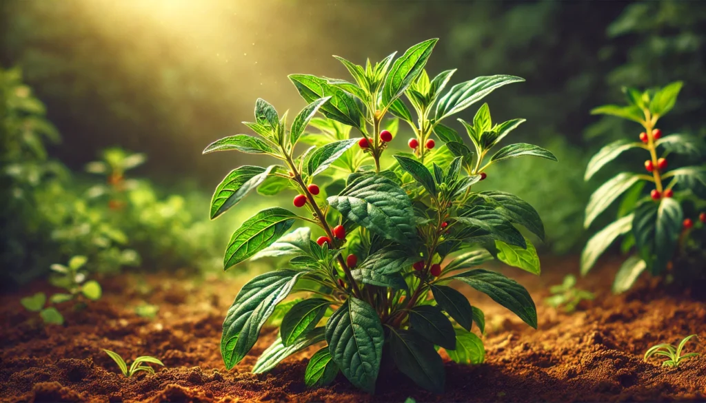 A vibrant ashwagandha plant growing in its natural environment, with lush green leaves and small red berries illuminated by warm sunlight.