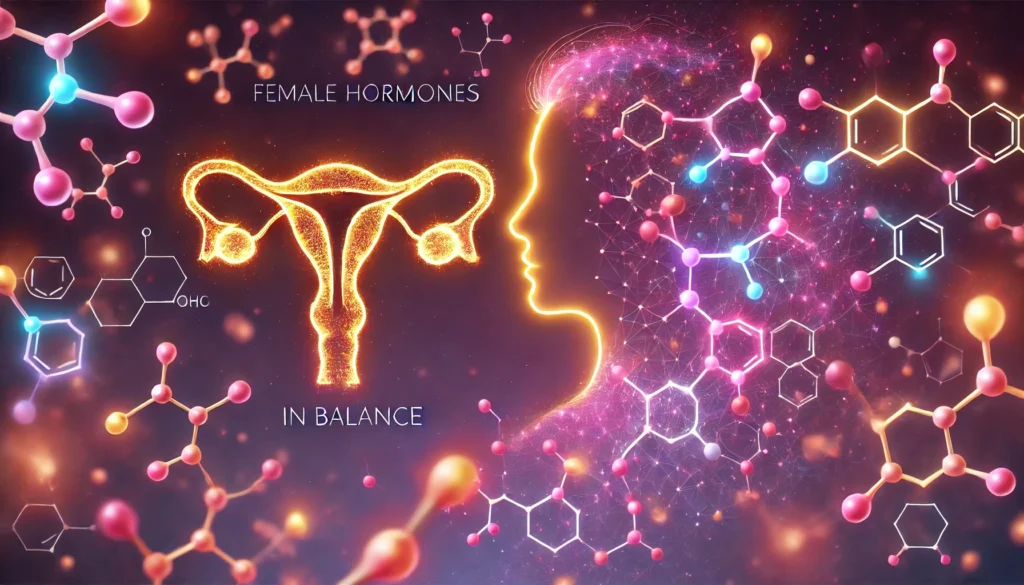 A scientific and artistic representation of female hormones in harmony, featuring glowing molecular structures and soft feminine silhouettes in warm pink and gold hues.
