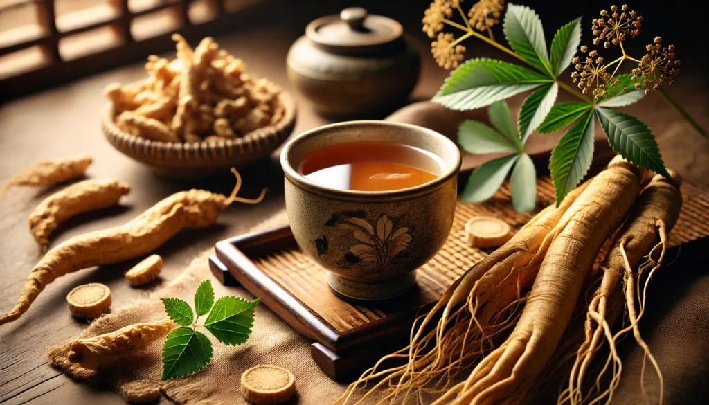 A serene tea setting with a cup of ginseng-infused tea in a traditional ceramic vessel, surrounded by dried Asian and Korean ginseng roots, illuminated by soft natural lighting that enhances the warm, herbal ambiance