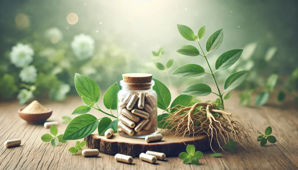 A tranquil scene featuring a glass jar filled with Ashwagandha capsules, fresh roots, and vibrant green leaves, set against a softly lit background to convey relaxation, vitality, and holistic wellness.