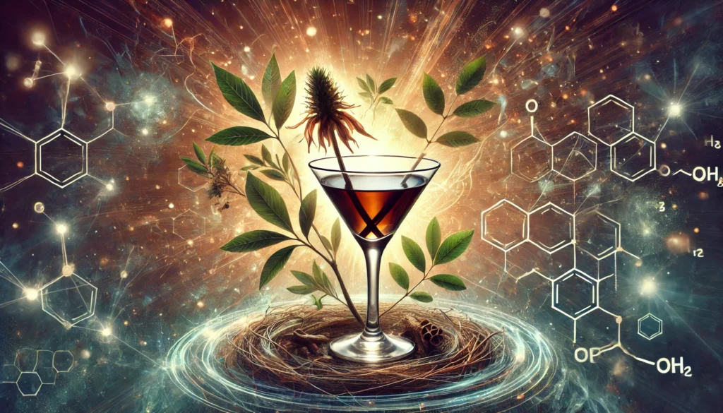 A mystical cocktail glass surrounded by ashwagandha roots and scientific symbols, representing alcohol and herbal interaction.