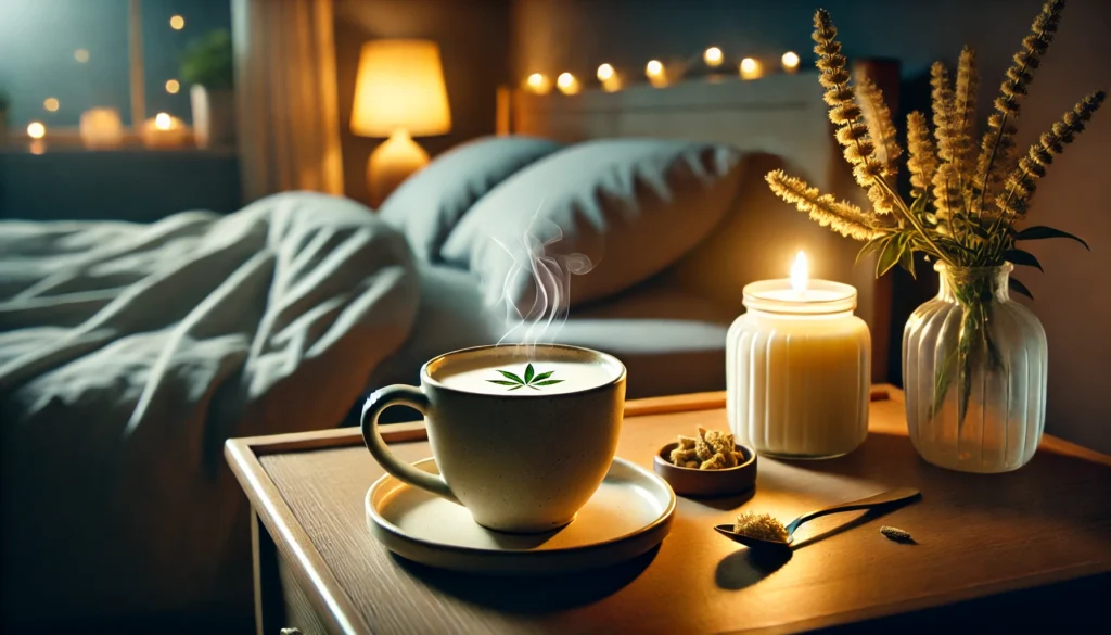 A calming nighttime scene featuring a cup of warm ashwagandha-infused milk on a bedside table with soft lighting and a cozy atmosphere, representing nighttime use for relaxation and sleep.