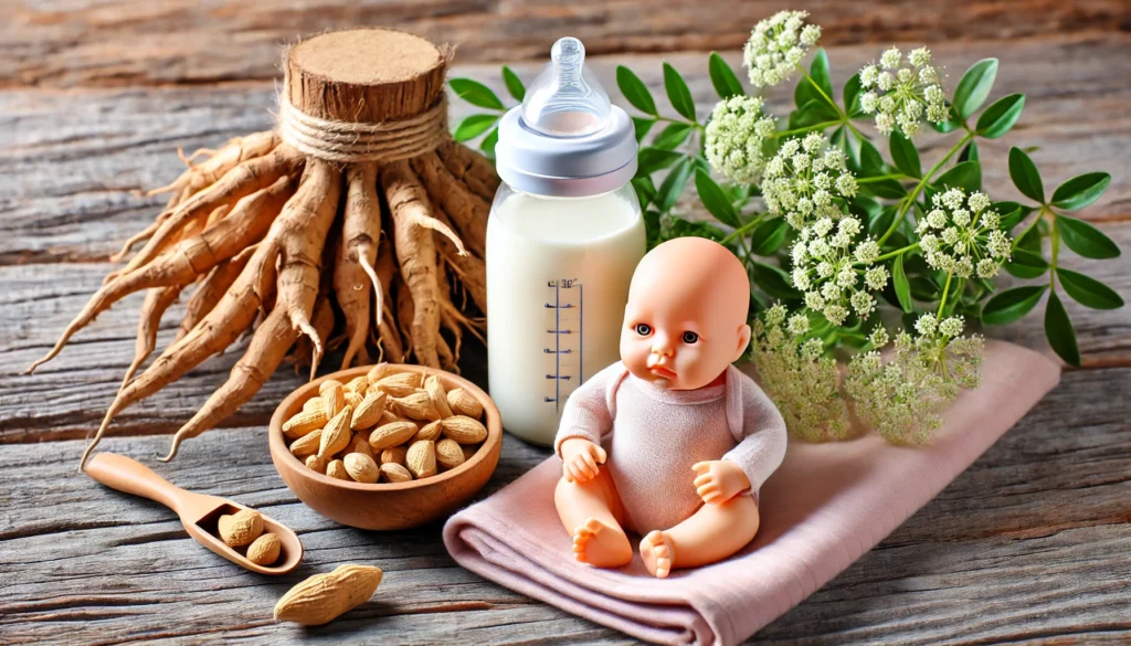 "A close-up of ashwagandha roots and supplements placed next to a bottle of breast milk and a baby bottle, symbolizing the discussion of ashwagandha use while breastfeeding."

