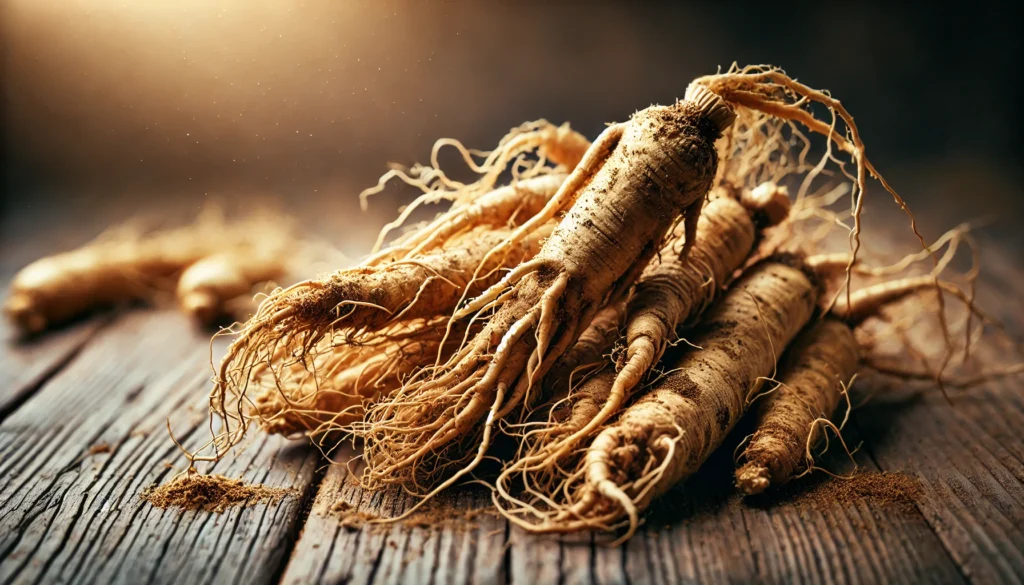 Freshly harvested ginseng roots with dirt still clinging to their intricate, tangled structure, laid on a wooden table under soft natural light, emphasizing their organic appeal and market value.

