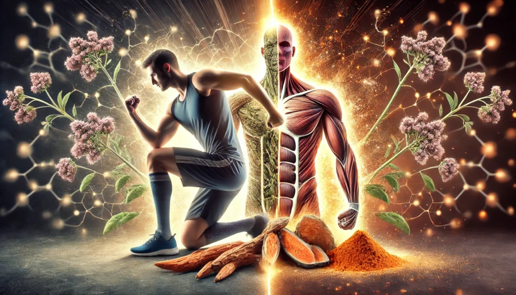 A dynamic split-image showcasing Ashwagandha’s dual effects on weight, with a fit person exercising on one side and a muscular individual on the other, alongside a central glowing display of Ashwagandha roots and powder symbolizing transformation.

