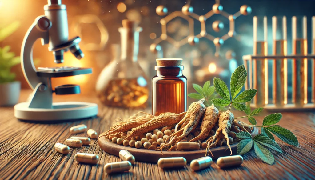 A close-up view of ashwagandha roots and capsules on a wooden surface, with a softly blurred background of a scientific laboratory. The composition highlights the natural origins of the herb while suggesting a connection to clinical research and analysis.

