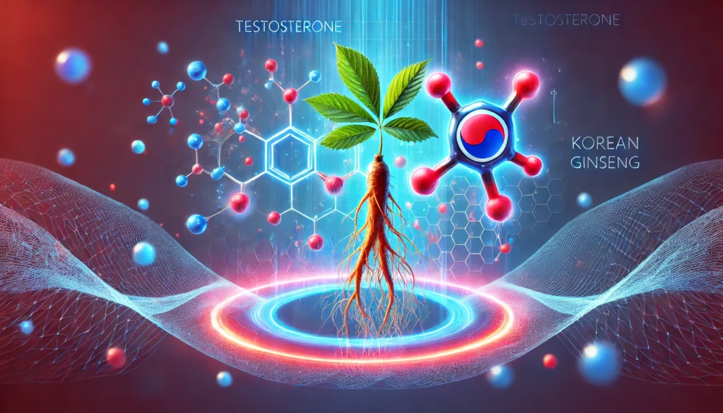 A futuristic depiction of testosterone molecules glowing in blue and red, floating around a thriving Korean ginseng plant. The deep-rooted ginseng symbolizes natural energy, while the molecules highlight the scientific connection between ginseng and hormone health. A soft, abstract energy wave in the background represents vitality and wellness.