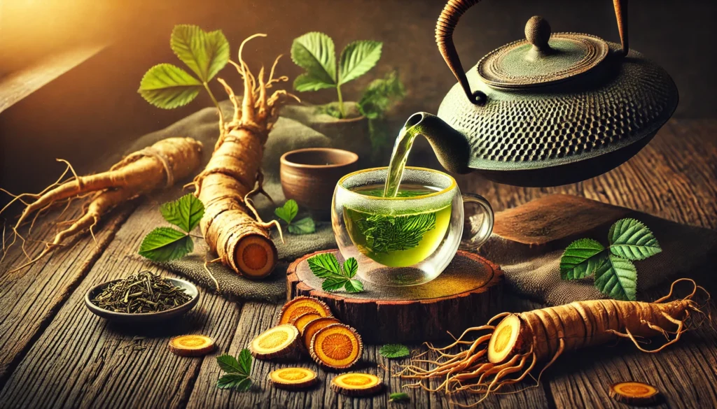 An artistic still life of green tea leaves and sliced ginseng roots on a rustic surface, with a teapot pouring fresh tea, symbolizing health and vitality.
