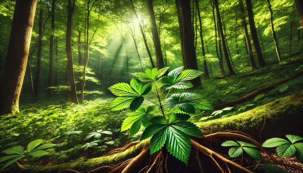 A lush forest scene highlighting the Eleuthero plant (Siberian Ginseng) growing in its natural habitat, with green foliage and dappled sunlight filtering through the trees.