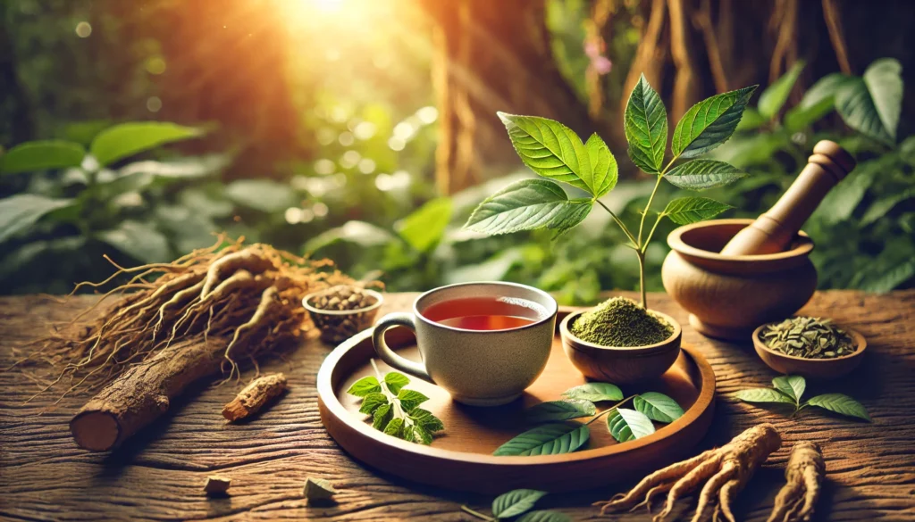 A tranquil outdoor tea scene featuring a cup of freshly brewed Withania tea on a wooden tray, surrounded by ashwagandha leaves and roots, bathed in soft, golden sunlight filtering through trees.

