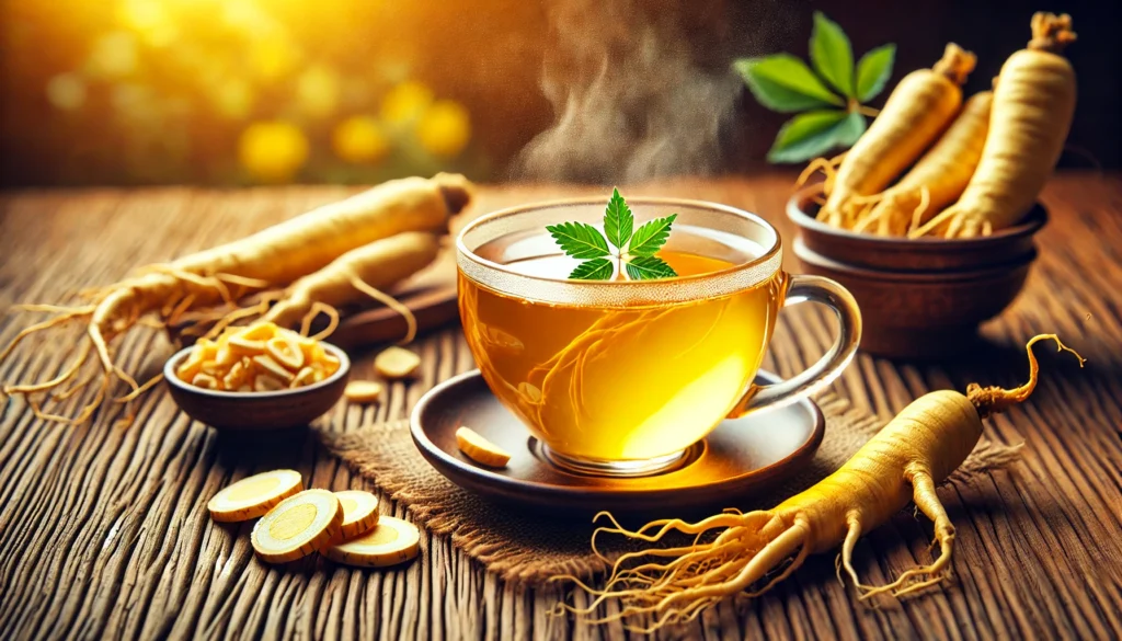 A steaming cup of golden ginseng tea infused with white Korean ginseng roots, surrounded by scattered ginseng slices on a wooden surface.
