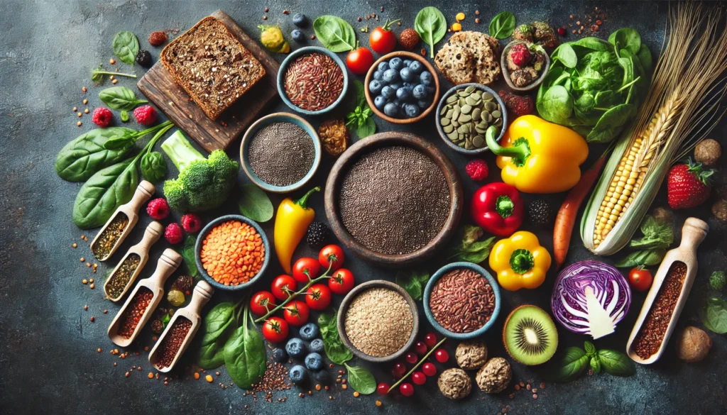 A beautifully arranged flat-lay of fiber-rich ingredients on a dark slate background, including chia seeds, lentils, quinoa, whole grain bread, leafy greens, bell peppers, and berries.