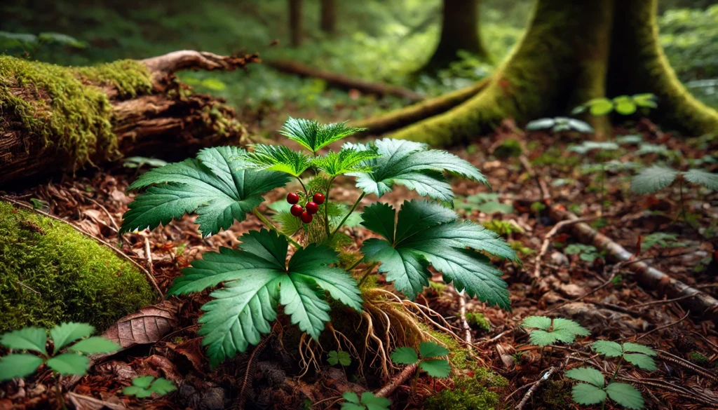 A close-up view of a wild ginseng plant growing in a shaded forest environment, displaying its bright green leaves, serrated edges, and small red berries on the forest floor covered in organic debris.