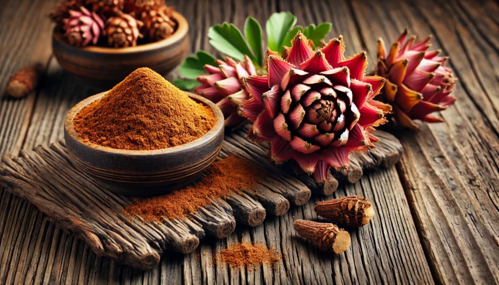 A close-up of fresh Rhodiola rosea roots and finely ground Rhodiola extract on a rustic wooden table, highlighting high-quality herbal supplements.