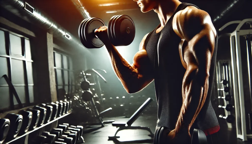 A close-up of a muscular arm lifting a heavy dumbbell in a gym, showcasing defined muscles and strength. Dramatic lighting enhances the intensity of the workout, emphasizing endurance and physical power.