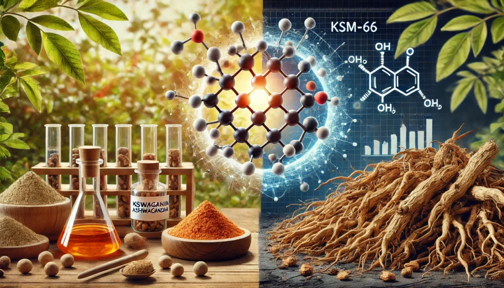 A conceptual illustration highlighting the molecular differences between KSM-66 Ashwagandha and traditional Ashwagandha, with a magnified molecular structure in a high-tech lab on one side and raw ashwagandha roots in a natural setting on the other.