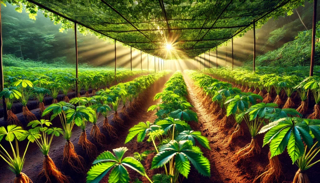  A lush ginseng farm with vibrant green plants growing in neat rows under a shaded canopy, illuminated by natural sunlight, showcasing the cultivation process.
