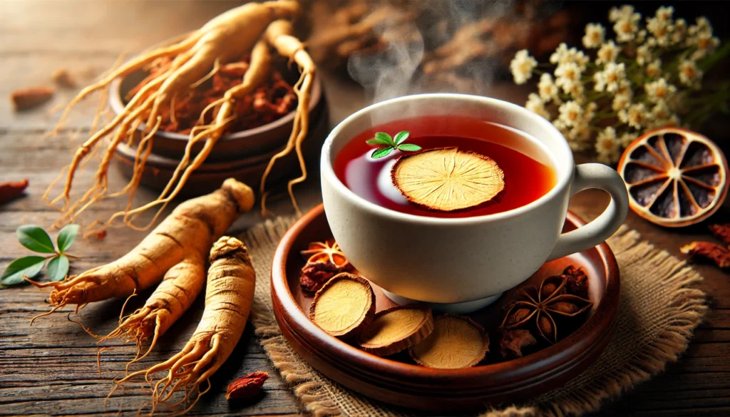 A steaming cup of Korean red ginseng tea with floating ginseng slices, placed on a wooden surface with dried roots and herbs arranged nearby for a warm, soothing ambiance.
