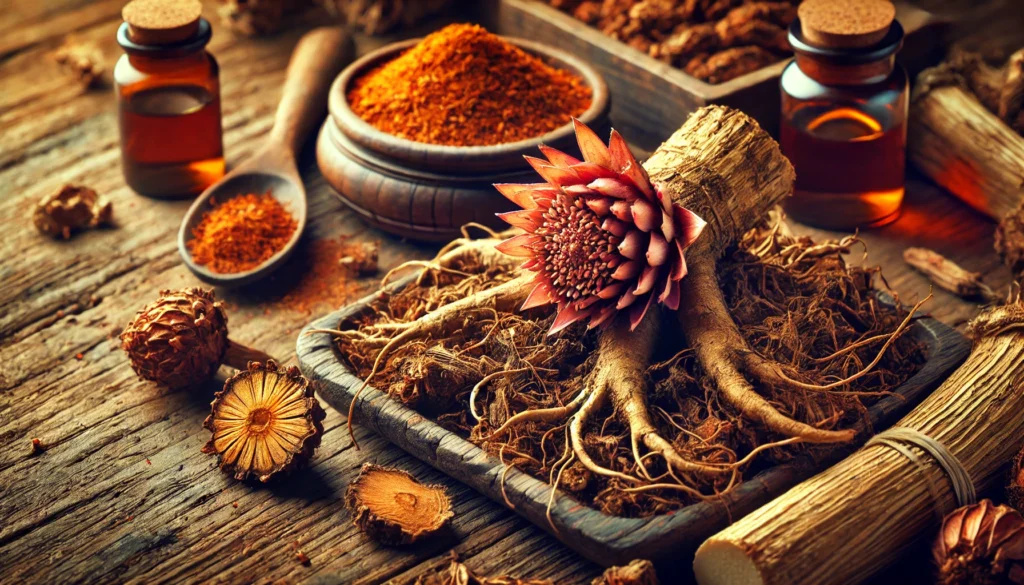 A close-up of Rhodiola Rosea roots and dried herbal extracts placed on a rustic wooden table, with warm natural lighting emphasizing the earthy textures and traditional medicinal properties of the herb.