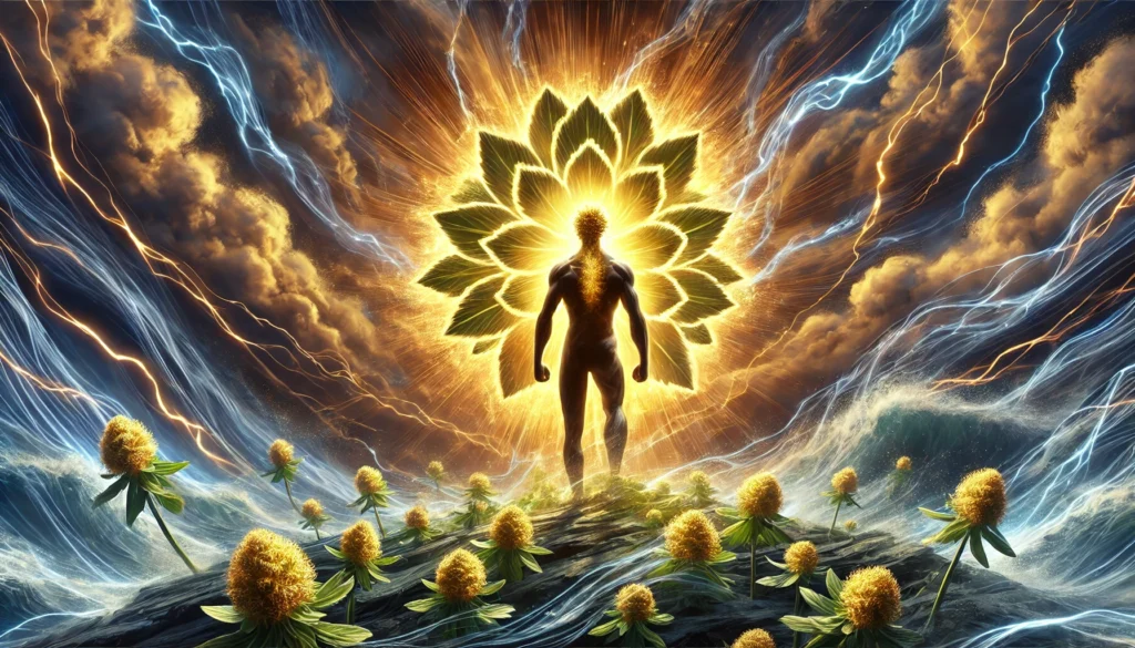 An artistic depiction of stress resilience, featuring a calm human figure surrounded by a turbulent storm, protected by golden energy representing Rhodiola rosea’s adaptogenic effects.
