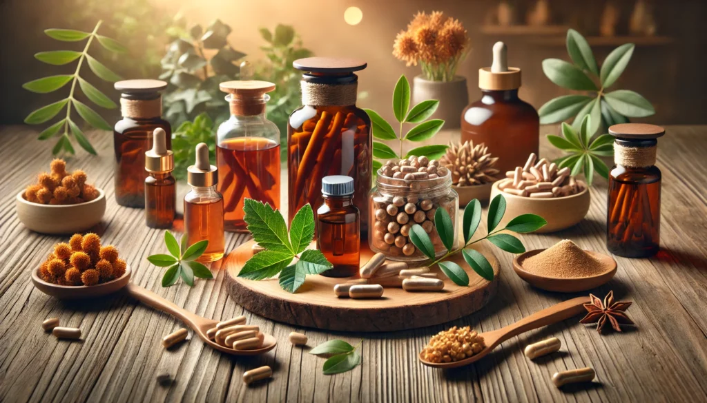  A wellness-themed arrangement of Rhodiola supplements in capsules, tinctures, and powdered extract, displayed on a wooden table with natural elements, evoking vitality and energy.