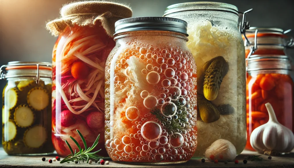 A close-up of bubbling fermented foods in glass jars, including kimchi, sauerkraut, and pickled vegetables, showcasing the fermentation process.
