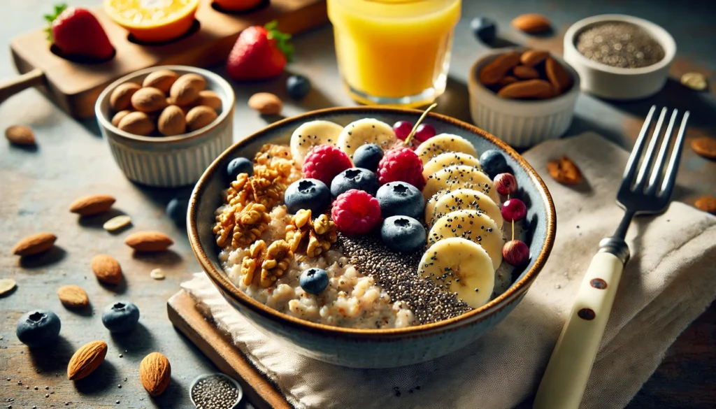 A beautifully plated breakfast bowl of oatmeal topped with mixed berries, banana slices, chia seeds, and honey, accompanied by a side of almonds and walnuts, with a glass of fresh orange juice in the background.