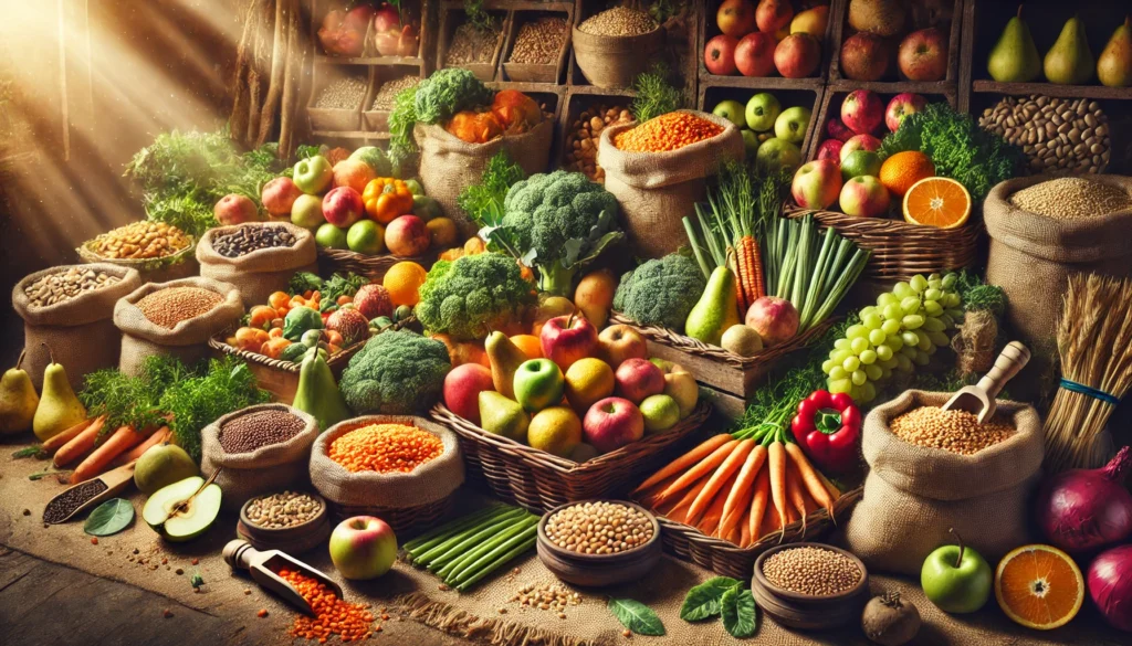 A vibrant market scene showcasing fresh, high-fiber foods like apples, oranges, broccoli, lentils, and whole grains displayed in baskets and sacks.