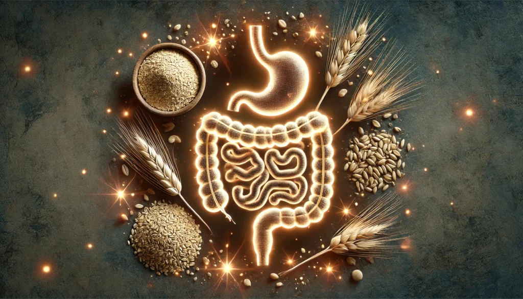 An artistic visualization of gut health with a glowing digestive system surrounded by whole grains like oats and quinoa, symbolizing the connection between fiber-rich grains and a balanced microbiome.