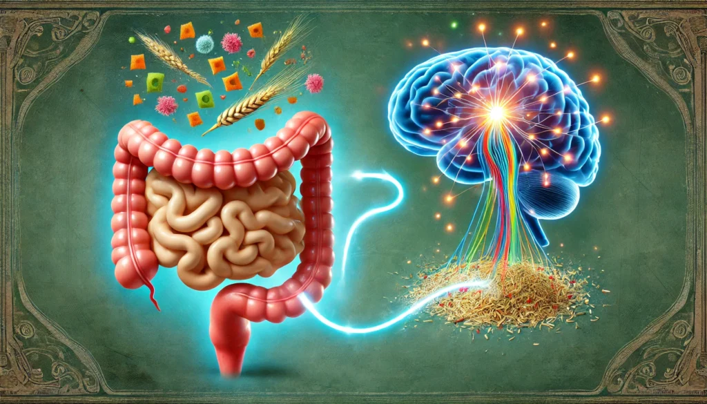 A microscopic, artistic depiction of the gut microbiome, showing colorful, glowing bacteria thriving in a balanced digestive ecosystem.