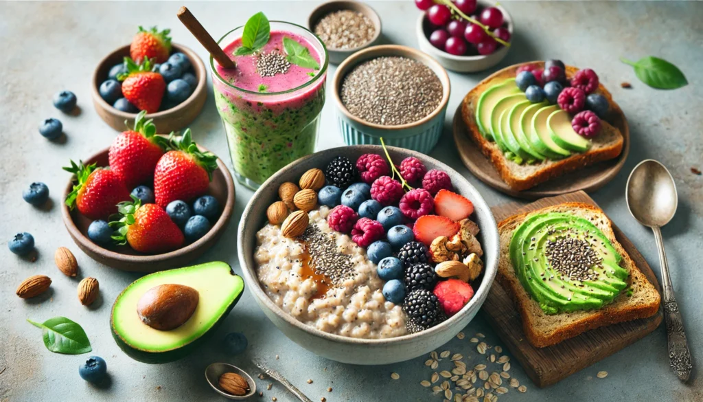 A fiber-rich breakfast spread featuring oatmeal topped with mixed berries, chia seeds, and nuts, whole-grain toast with avocado, and a green smoothie.