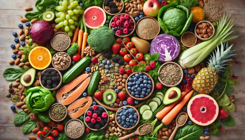 A close-up of a fiber-rich meal on a wooden plate, featuring quinoa, chickpeas, steamed vegetables, and avocado, surrounded by raw ingredients like flaxseeds, oats, and lentils, symbolizing a balanced diet for managing diabetes naturally.

