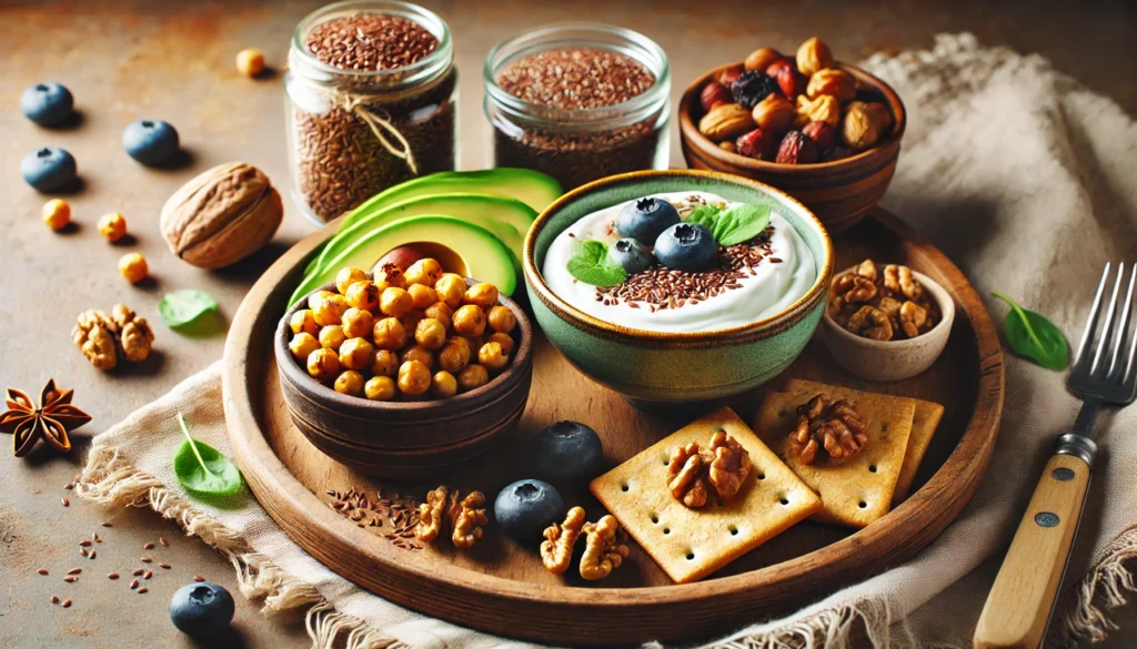 A rustic wooden tray filled with high-fiber snacks, including roasted chickpeas, avocado on whole-grain crackers, Greek yogurt with flaxseeds and blueberries, and a mix of walnuts and dried apricots, promoting gut health and digestion.