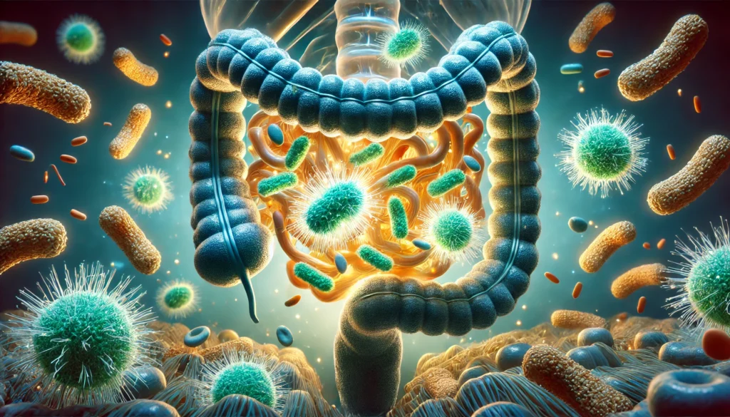 A scientific-style visualization of fiber breaking down inside the intestines, showing interactions with gut bacteria producing glowing short-chain fatty acids to represent digestive benefits.